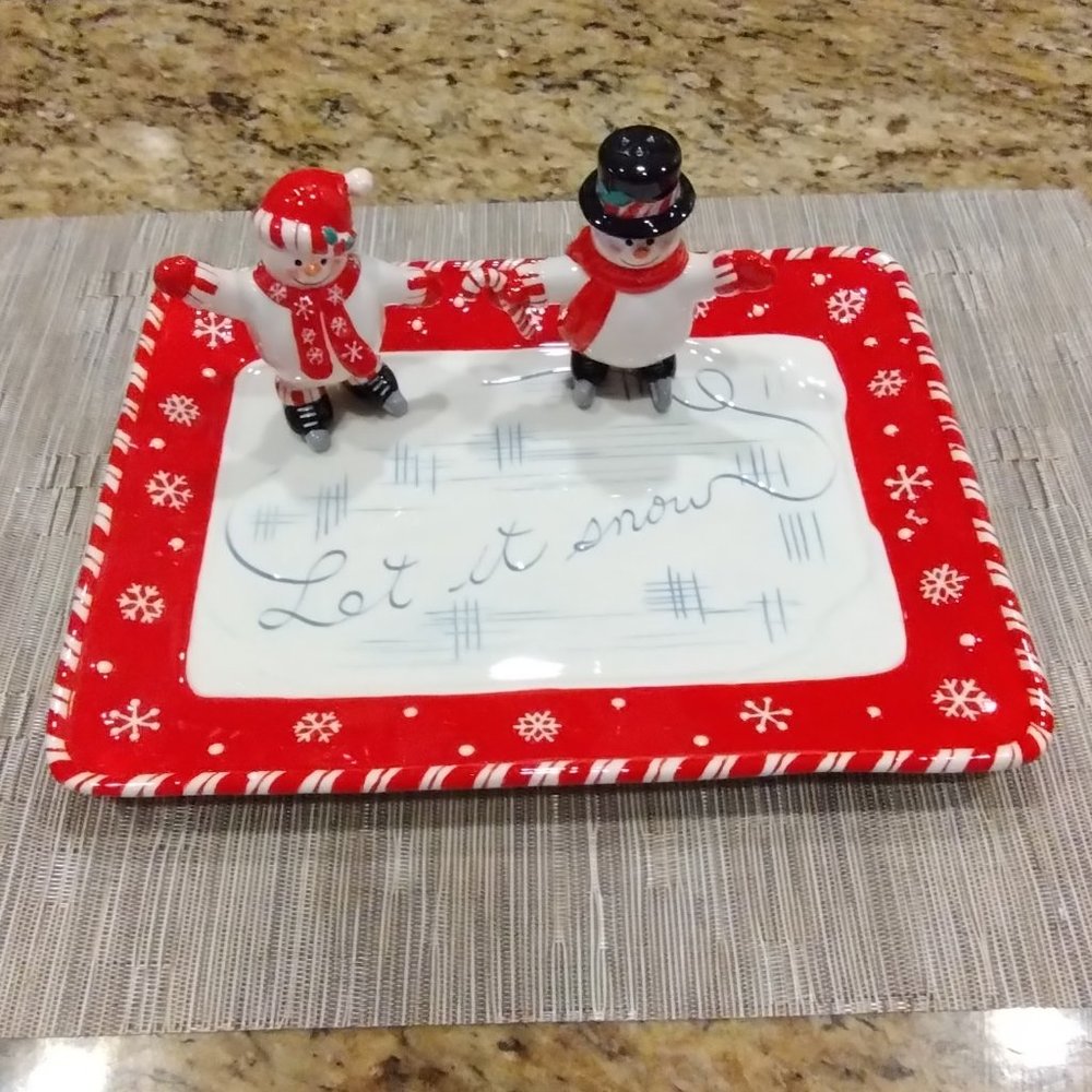 Burton + Burton Snowman Platter with Salt & Pepper shakers NIB